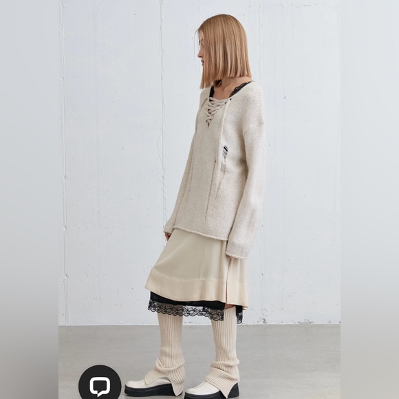 78$ NWT OAK+FORT Lace-Up Distressed Sweater | Relaxed Fit | NWT | Size S-M - Picture 4 of 15